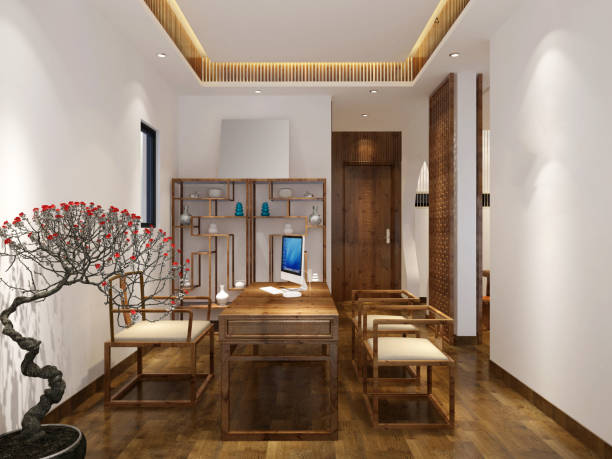 istock 3d render of wood style office and working space 1131655524