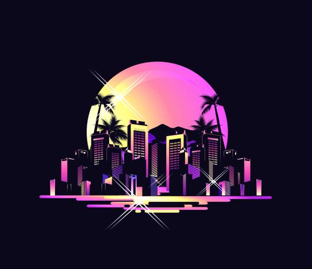 vector tropical landscape Exotic Hawaiian landscape southern city, on the ocean with palm trees, houses otlyami, retro style, vector illustration on black background miami beach stock illustrations