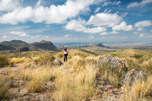 Young woman alone looking at the view with mountains in Big Bend National Park, Texas, USA