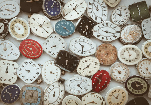 istock Old fashioned retro little wrist watch rusty dials with hands top view backgroung 1131658065