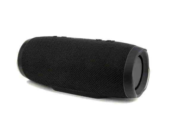 Black portable acoustics on a white background. Isolated.