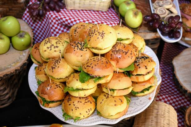 istock Catering american style. Hamburgers snacks 1131665338