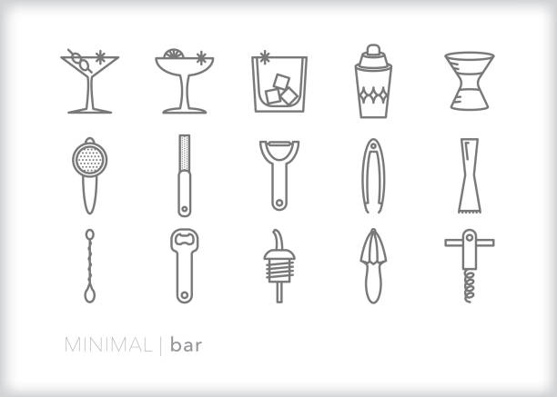 minimale bar und bartending-line-ikonen für ein restaurant oder eine home bar, um handgefertigte cocktails herzustellen - barkeeper stock-grafiken, -clipart, -cartoons und -symbole