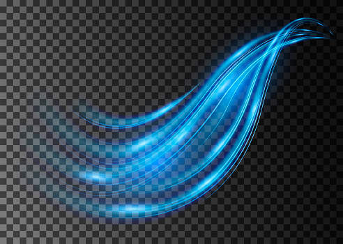 Motion blue wave. Dynamic light effect. Glowing trail, track and swirl isolated on transparent backgraund. Vector illustration