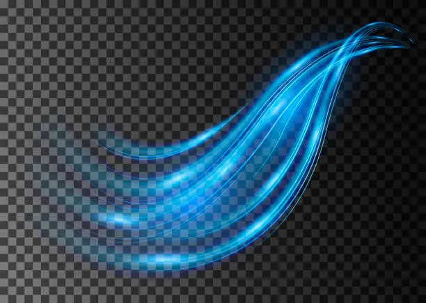 Vector illustration of Motion blue wave. Dynamic light effect. Glowing trail, track and swirl isolated on transparent backgraund