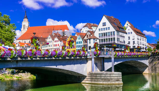 독일의 아름 다운 도시-튀빙겐, 꽃으로 장식 된 다리의 전망 - 뷔르템베르크 뉴스 사진 이미지