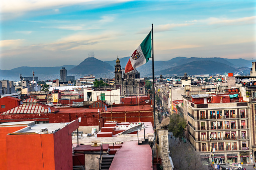Santo Domingo Church Mexican Flag Mountains Zocalo Mexico City Mexico