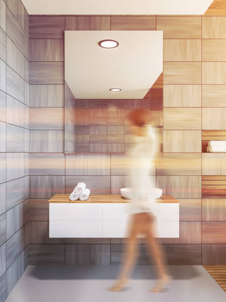 istock Scandinavian style bathroom interior, sink, woman 1131673205