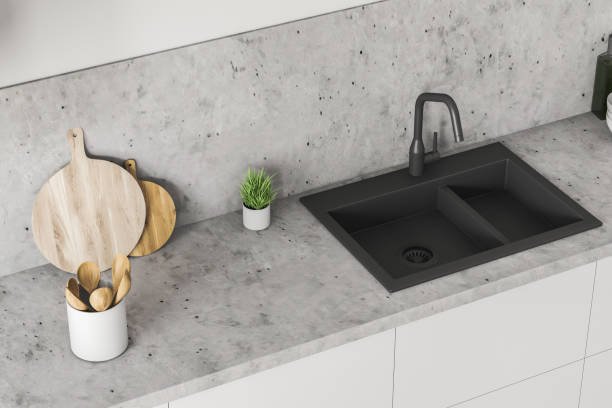 istock Top view of stone kitchen countertop and sink 1131673357