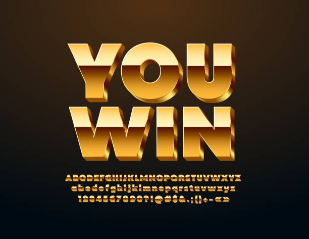 Vector Golden banner You Win with 3D luxury Font Elegant shiny Alphabet Letters, Numbers and Symbols you win graphic stock illustrations
