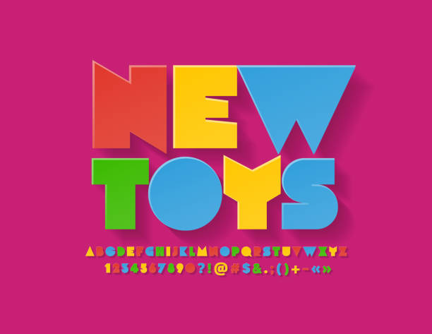ilustrações, clipart, desenhos animados e ícones de brinquedos coloridos do emblema novo do vetor. alfabeto brilhante original para a atividade das crianças, introduzindo no mercado, anunciando - brinquedos