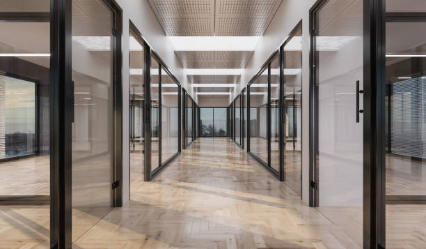 Empty Offices with Glass Doors and Walls stock photo