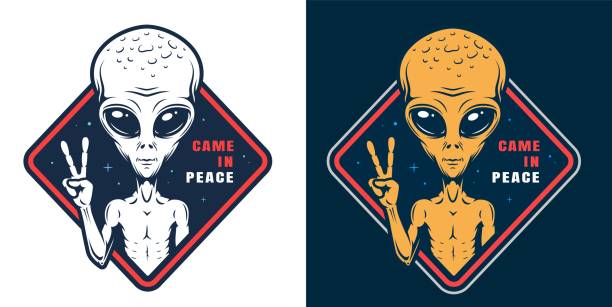 illustrazioni stock, clip art, cartoni animati e icone di tendenza di alien che mostra l'etichetta colorata del segno di pace - human face