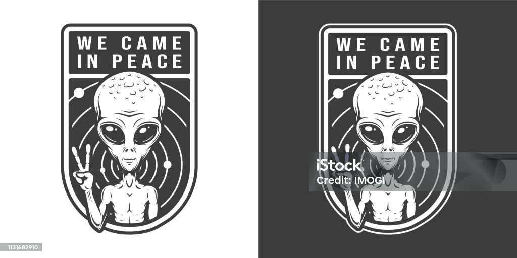 Extraterrestrial showing peace sign emblem Extraterrestrial showing peace sign emblem in vintage monochrome style isolated vector illustration Alien stock vector