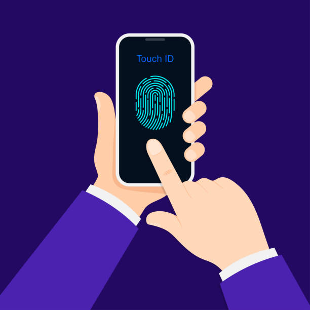 człowiek trzymać telefon komórkowy, aby odblokować palcem. bezpieczeństwo odcisków palców w smartfonie. - fingerprint backgrounds identity human finger stock illustrations