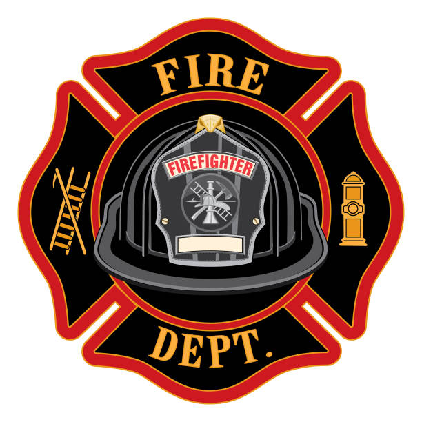 Fire Department Cross Black Helmet Fire Department Cross Black Helmet is an illustration of a fireman or firefighter Maltese cross emblem with a black firefighter helmet and badge containing an empty space for your text in the foreground. Great for t-shirts, flyers, and web sites. firefighter shield stock illustrations