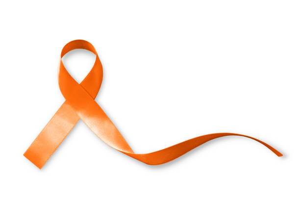 orange ribbon isolated on white background (clipping path) raising awareness on leukemia, kidney cancer, multiple sclerosis, adhd illness - thailand asia famous place stone imagens e fotografias de stock