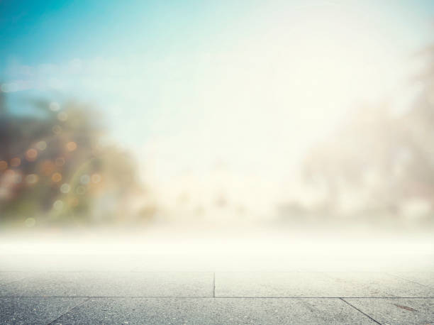 istock Perspective wood floor on blur mosque ramadan background. Window breakfast table top view bokeh in eid mubarak concept for montage presentation in fasting festival, culture of muslim religious. 1131684843