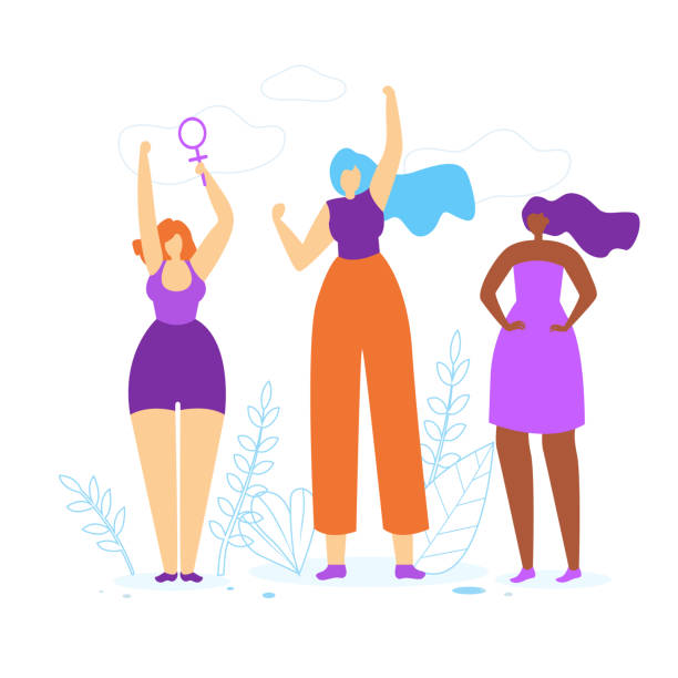 ilustrações de stock, clip art, desenhos animados e ícones de young girls with hands up. woman empowerment idea - human age multi ethnic group variation group of people