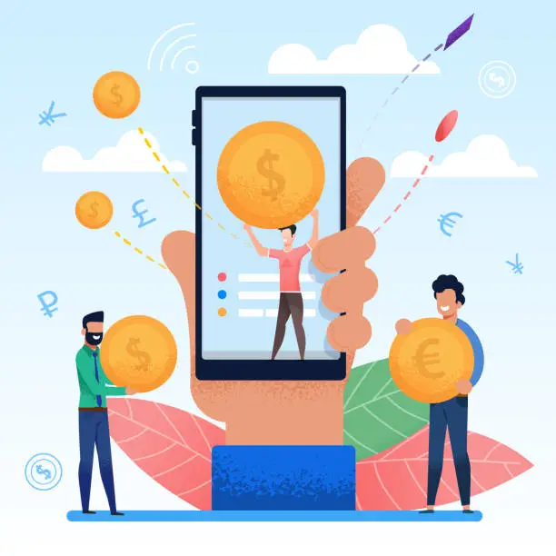 Vector illustration of Hand with Mobile Phone. Display is Man with Coin.