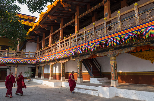 Monks around the large white-washed stupa and bodhi tree in the first courtyard of Punakha Dzong, Bhutan. The Punakha Dzong, also known as Pungtang Dechen Photrang Dzong