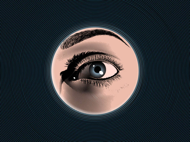 ilustrações, clipart, desenhos animados e ícones de desenho do olho do espião da gravura com ilustração de cor - keyhole peeking human eye curiosity