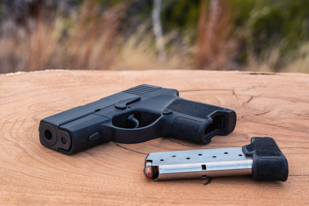 istock Pistol with magazinge on wooden slab 1131702995