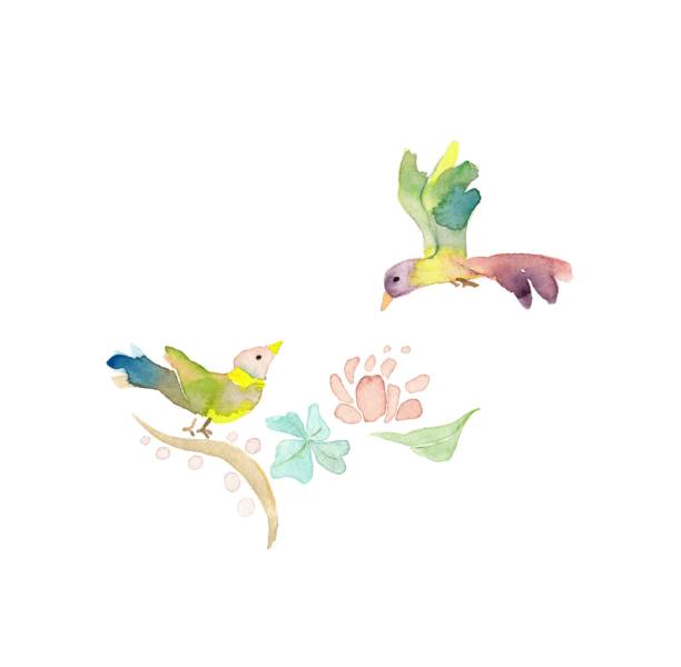 opalizujący mały ptak i roślina - young bird obrazy stock illustrations