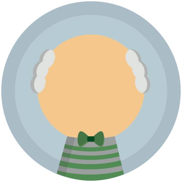 Old man icon with striped sweater and green bow Old man icon with gray sweater and green stripes with green bun in vectors, light blue background with halo. ícono stock illustrations