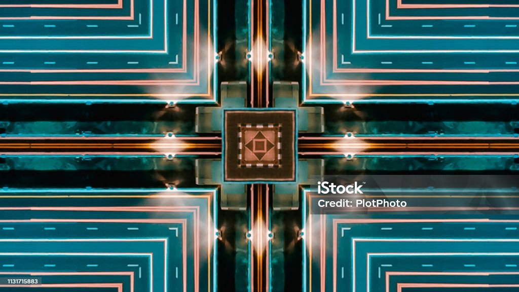 Seamless pattern. Geometric art abstract digital background with neon light lines square Seamless pattern, cpu, computer Data Mining Stock Photo