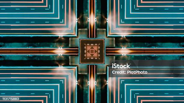 Seamless Pattern Geometric Art Abstract Digital Background With Neon Light Lines Square Stock Photo - Download Image Now