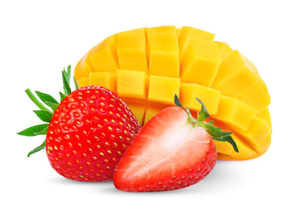 strawberry and ripe mango isolated on white background