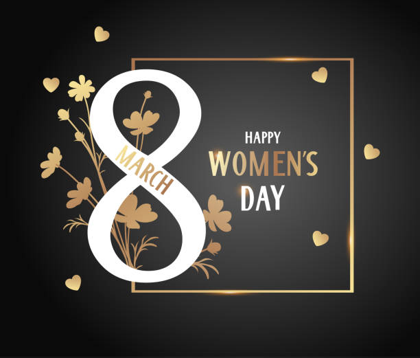 Happy Womens Day. 8 March design template. Golden frame with number eight and flower silhouette on black. Vector illustration vector art illustration