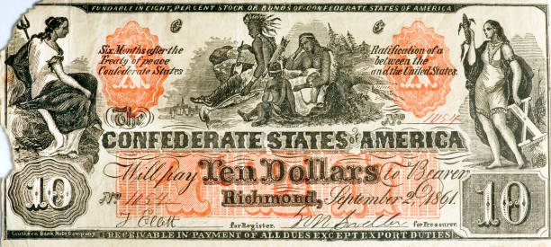 Confederate ten dollar counterfeit bill. Real 1861 Confederate ten dollar counterfeit bill made by the North in American the civil war times. signature collection stock pictures, royalty-free photos & images