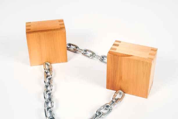 istock Chain and wood block concept security technology Blockchain. 1131727102