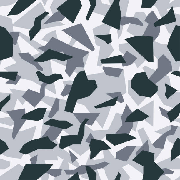 istock Geometric camouflage, modern fashion design. Camo military protective. Army uniform. Debris shape pattern. Black and white, monochrome, fashionable, fabric. Vector seamless texture. 1131728173