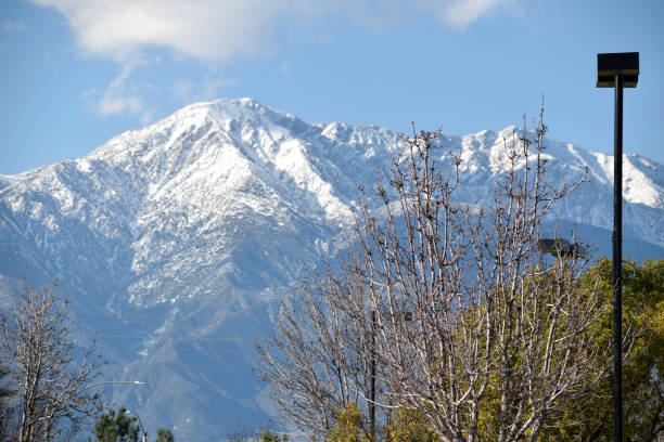 A snapshot of a snowcapped peak in the San Gabriel Mountains as seen from the city of Ontario in California.