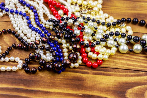 Background of colorful beads on the table. Christmas decoration