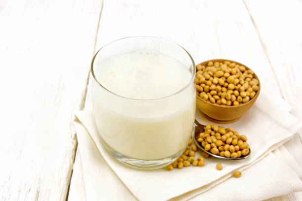 istock Milk soy in glass on board 1131733605