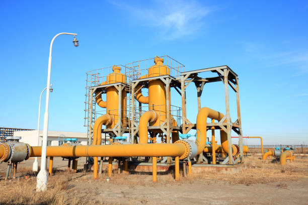 istock Oil field scene, oilfield equipment at work 1131736357