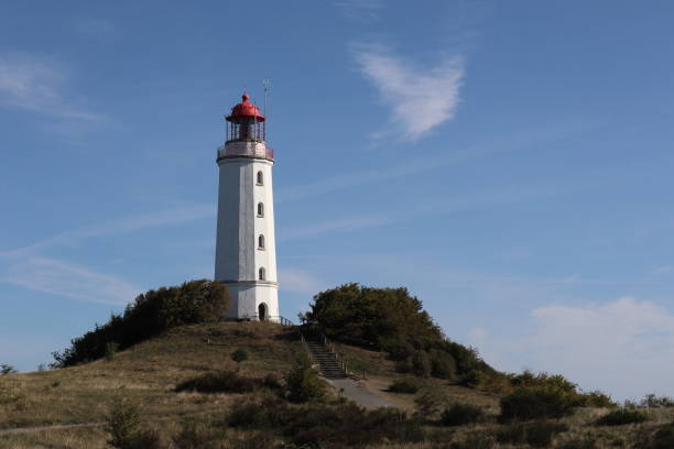 istock White and red lighthouse on a hill with blue sky and cirrus clouds 1131737242