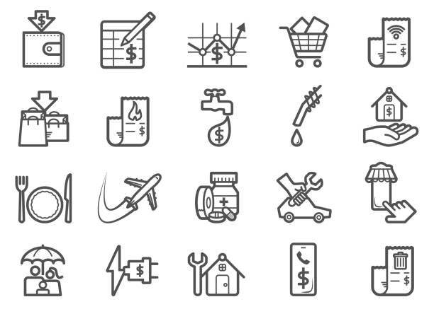 Monthly Expense Line Icons Set There are Icons related to monthly expenses about public utility for current human life. budget clipart stock illustrations