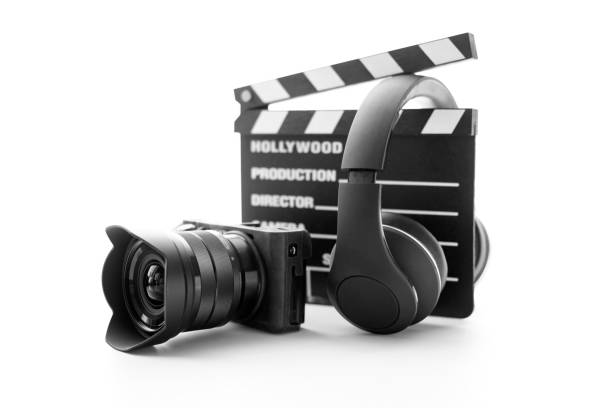 Hollywood slate board, headphone and camera
