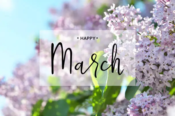 Photo of Inscription Happy March. Lilac flower. Spring background.