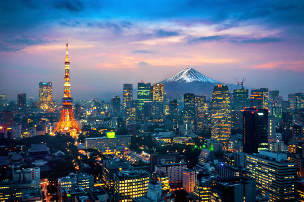 vue aérienne du paysage urbain de tokyo avec la montagne de fuji au japon. - munt tower photos et images de collection