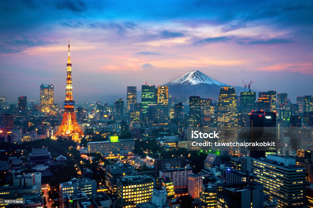Aerial view of Tokyo cityscape with Fuji mountain in Japan. Tokyo - Japan Stock Photo