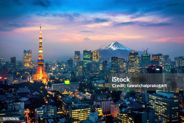 Aerial View Of Tokyo Cityscape With Fuji Mountain In Japan Stock Photo - Download Image Now