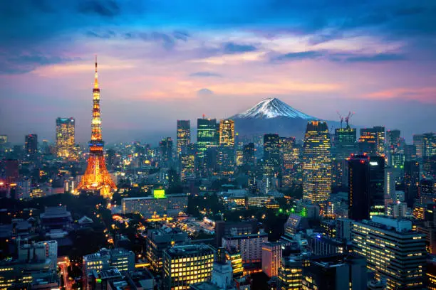 Photo of Aerial view of Tokyo cityscape with Fuji mountain in Japan.