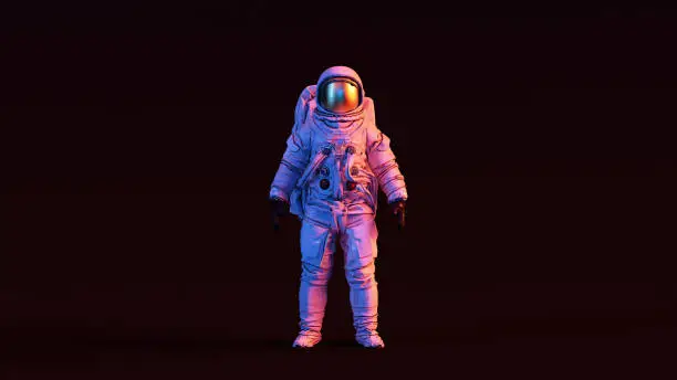 Astronaut with Gold Visor and White Spacesuit with Pink and Blue Moody 80s lighting Front 3d illustration 3d render