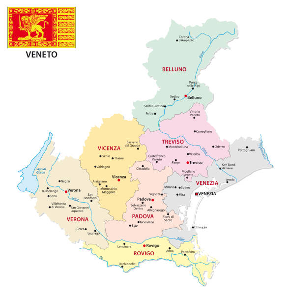 veneto administrative und politische karte mit flagge - veneto stock-grafiken, -clipart, -cartoons und -symbole